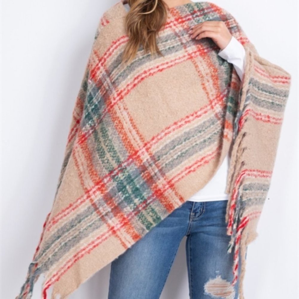 PLAID PRINT PULLOVER SWEATER KNIT PONCHO